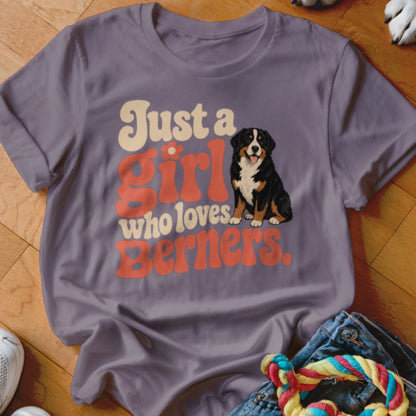 Purple t-shirt with text "Just a girl who loves Berners" and a Bernese Mountain Dog.