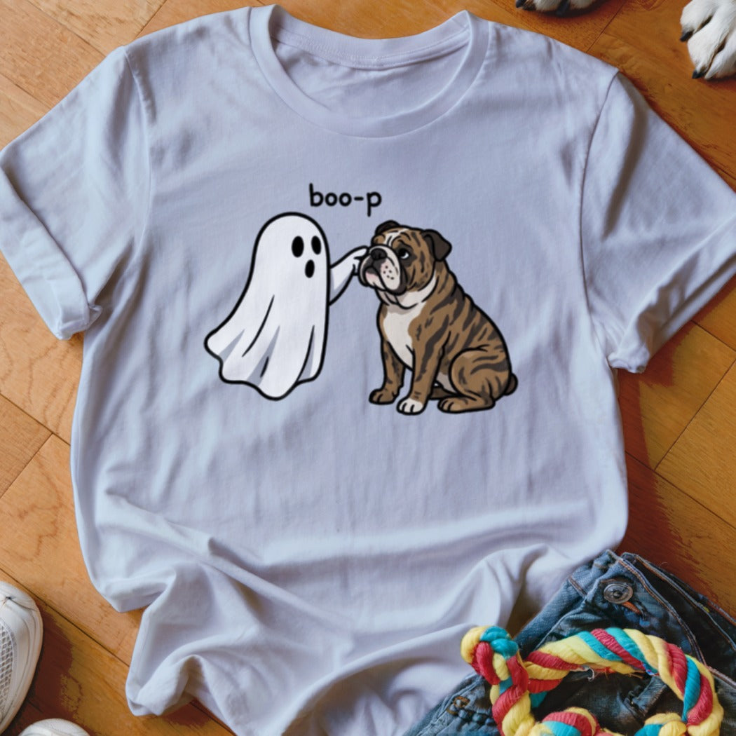 White t-shirt graphic of a ghost booping a bulldog, with "boo-p" text.