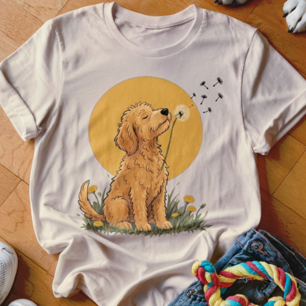 A beige crewneck t-shirt featuring a cartoon golden doodle blowing dandelion seeds against a yellow sun circle.