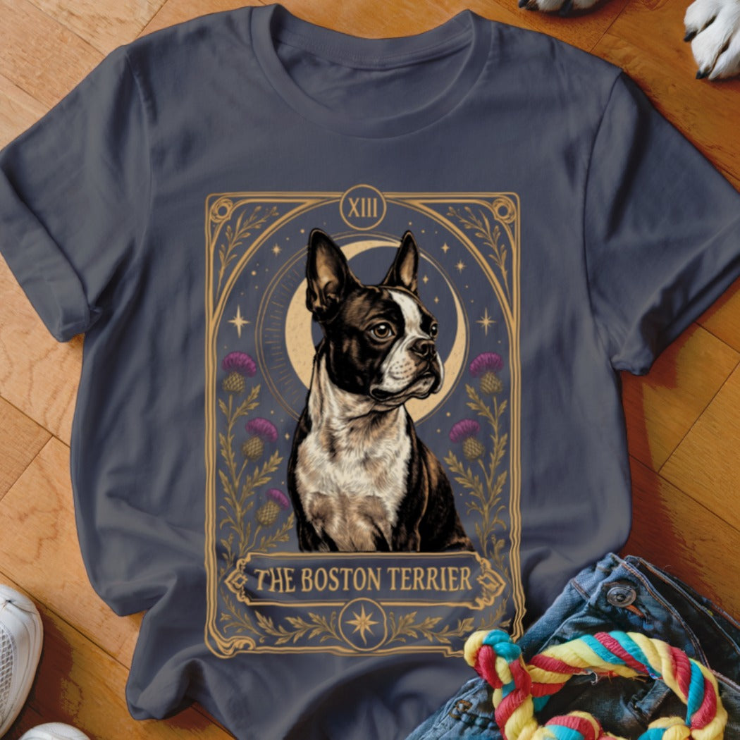 A charcoal grey t-shirt featuring a tarot card graphic of a Boston Terrier.