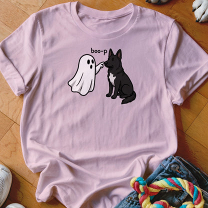 Pink t-shirt with a ghost booping a German Shepherd with the text "boo-p".
