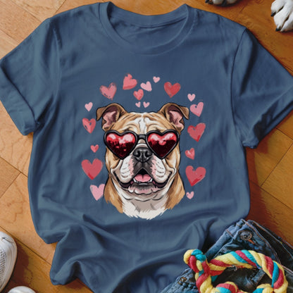 Dark blue t-shirt featuring an illustrated English bulldog wearing heart-shaped sunglasses surrounded by pink hearts.