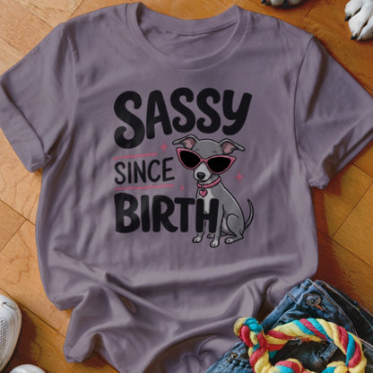 Grey t-shirt with "SASSY SINCE BIRTH" text and a dog wearing sunglasses.
