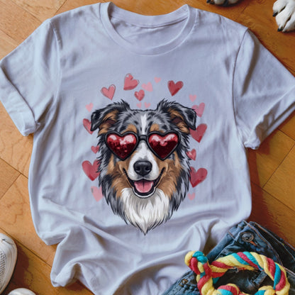 White t-shirt with a graphic of an Australian Shepherd wearing heart-shaped sunglasses surrounded by pink hearts.