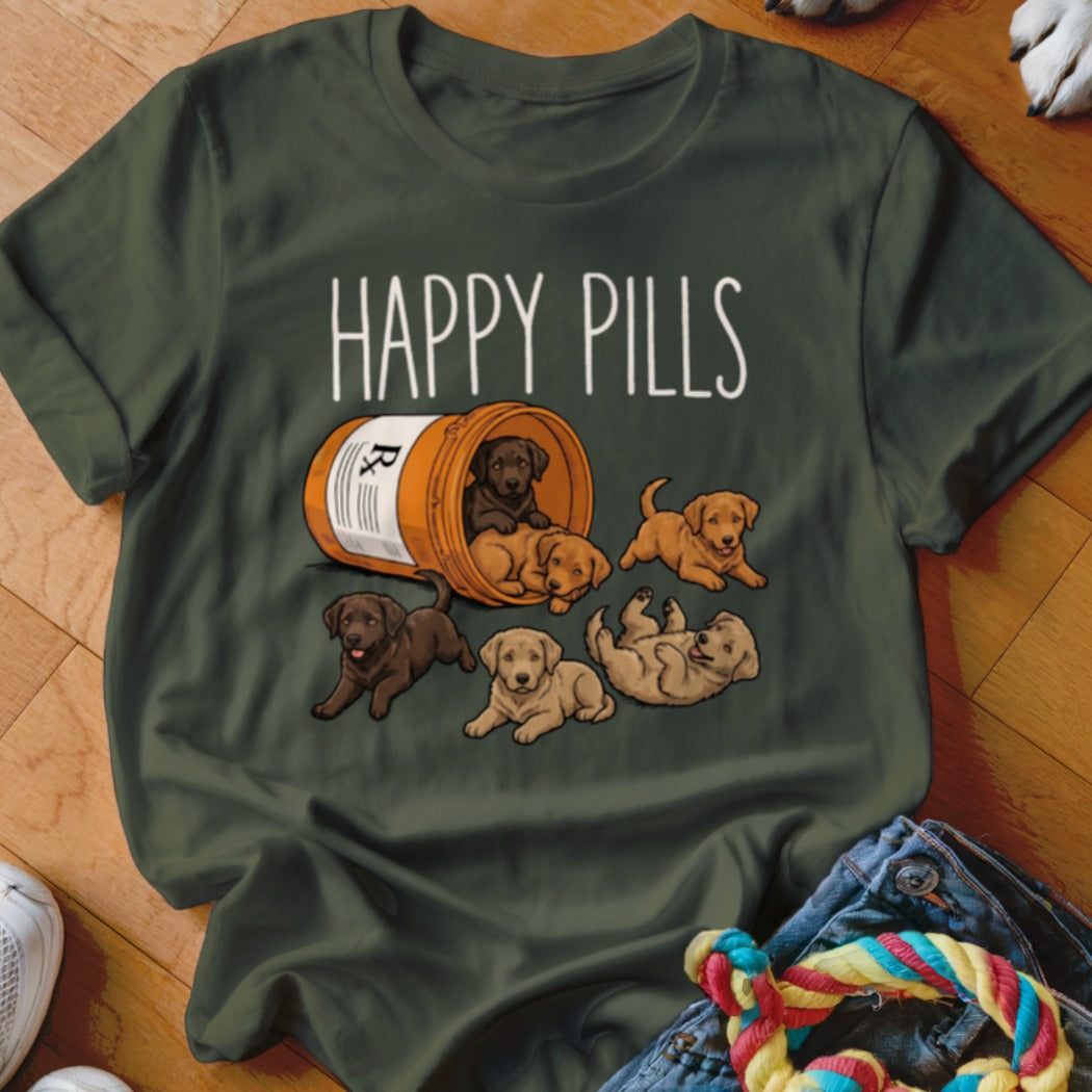 A pill bottle overflowing with puppies and the text "HAPPY PILLS".