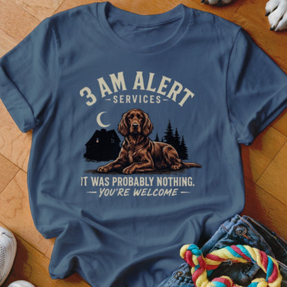 Dark blue t-shirt with dog graphic and text: "3 AM Alert Services - It was probably nothing - You're welcome"
