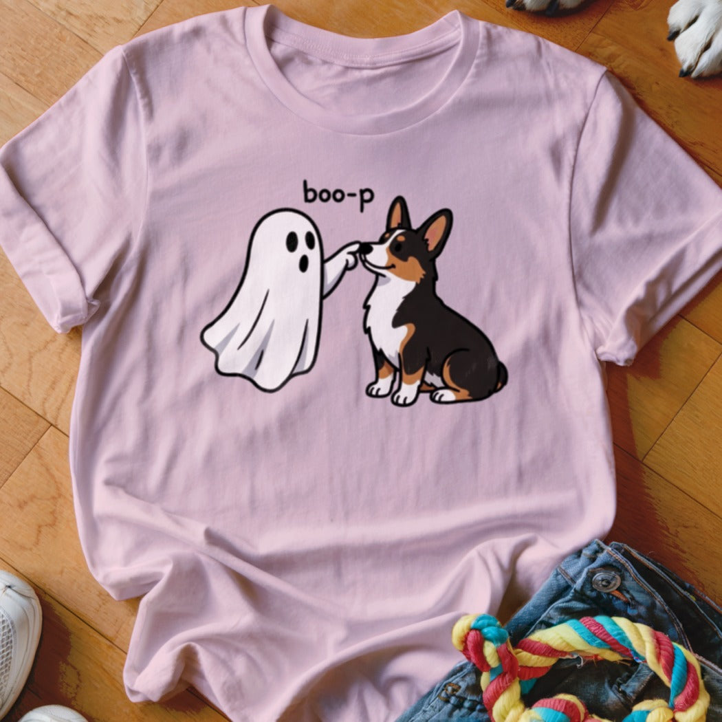 T-shirt with a corgi dog and a ghost graphic saying "boo-p".