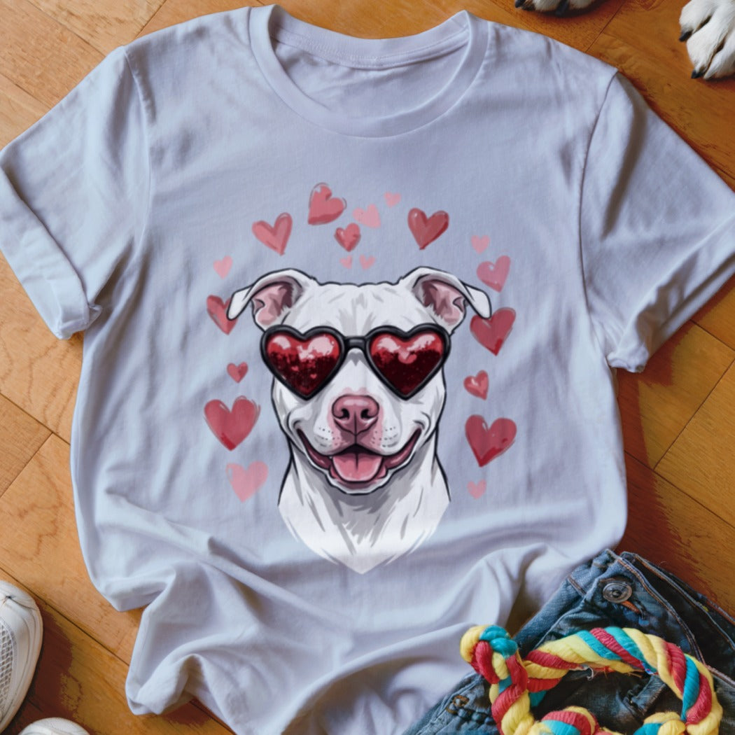 A white t-shirt featuring a graphic of a white pit bull wearing heart-shaped sunglasses, surrounded by pink hearts.