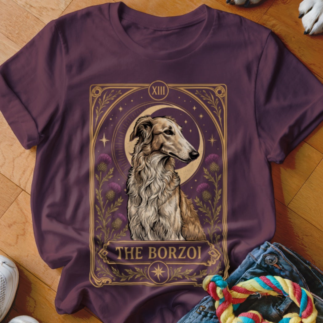 Plum t-shirt featuring a tarot card graphic with a long-snouted borzoi dog and the text The Borzoi.
