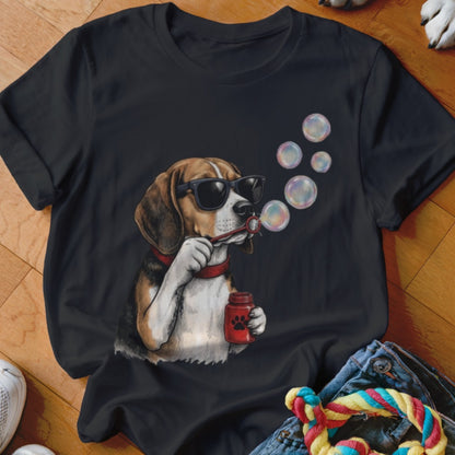 A black t-shirt printed with a beagle wearing sunglasses and blowing soap bubbles.