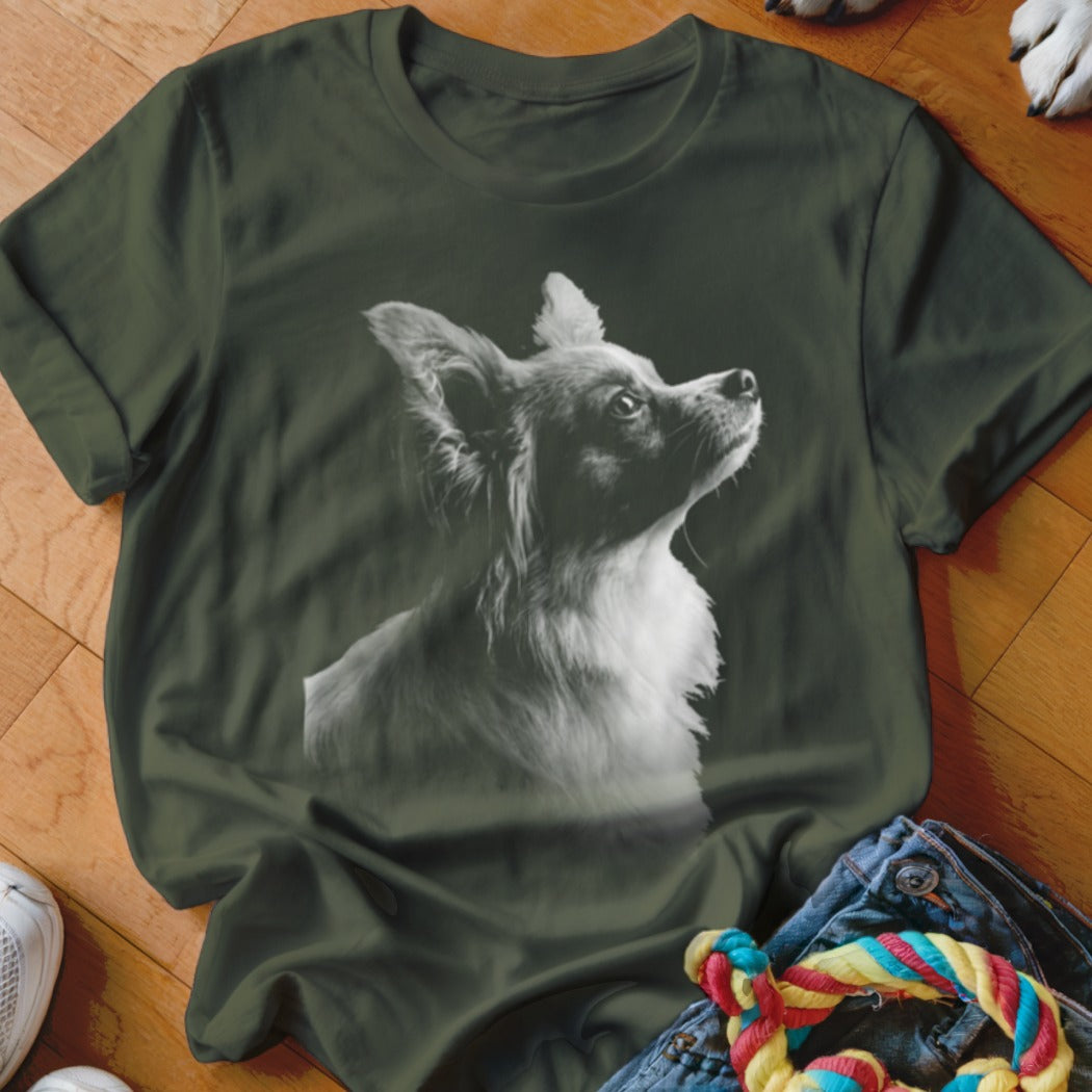Olive green t-shirt with a grayscale portrait of a long-haired chihuahua.