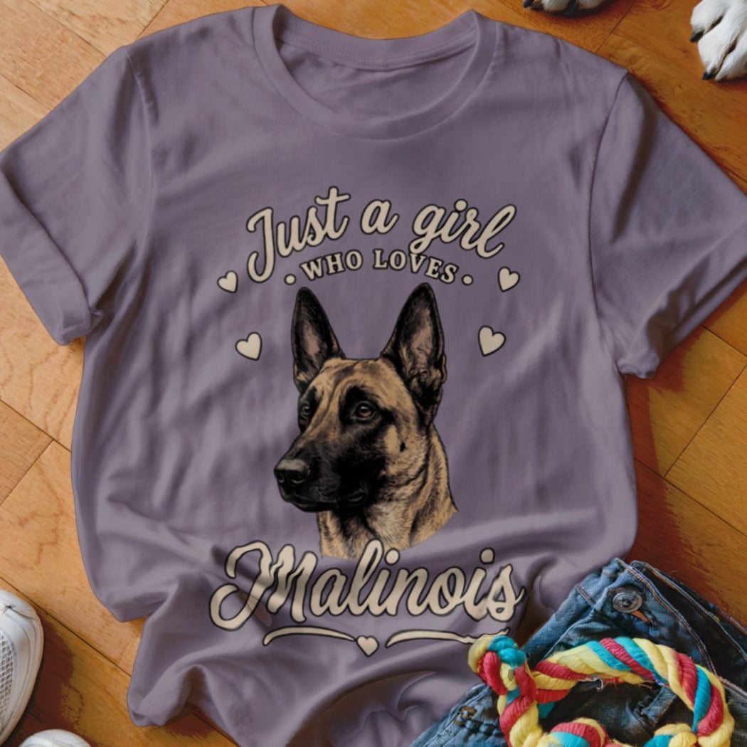 A purple crewneck t-shirt featuring a graphic of a Belgian Malinois dog and text reading Just a girl who loves Malinois.