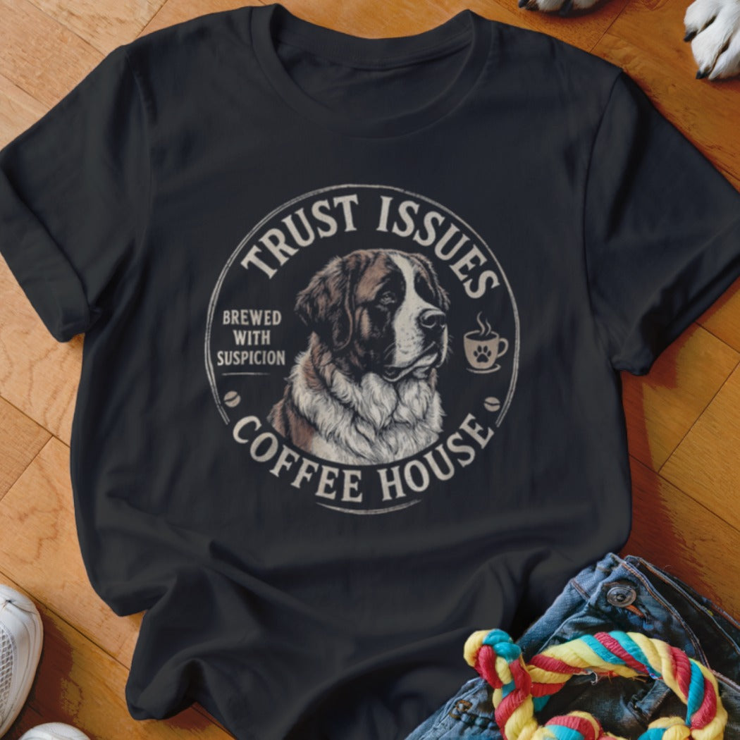 Black t-shirt with a circular design featuring a St. Bernard, coffee cup, and text.