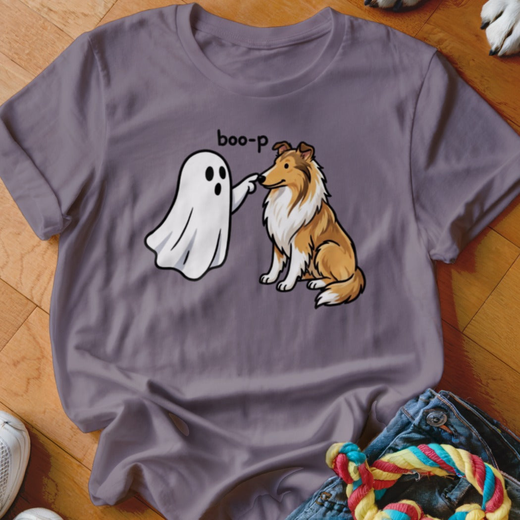 Ghost booping a Collie dog with text "boo-p" on a grey t-shirt.