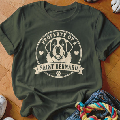 Green t-shirt with "Property of a Saint Bernard" graphic featuring dog face and paw print.
