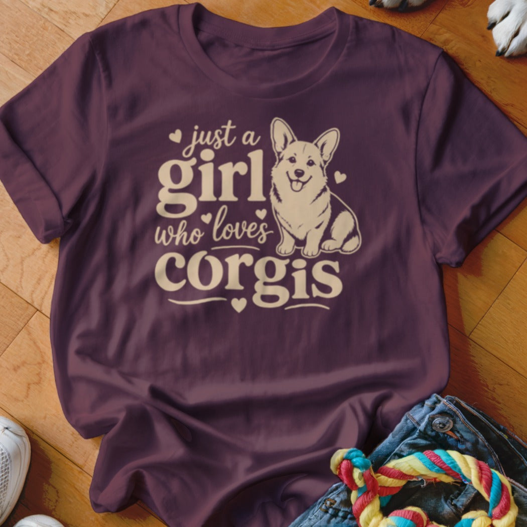 T-shirt with "Just a girl who loves corgis" text and corgi illustration.