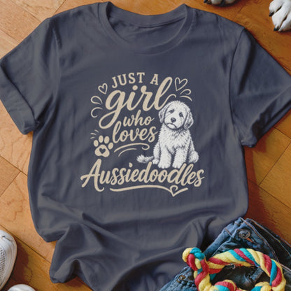 Dark blue t-shirt with "Just a girl who loves Aussiedoodles" text and a doodle dog.
