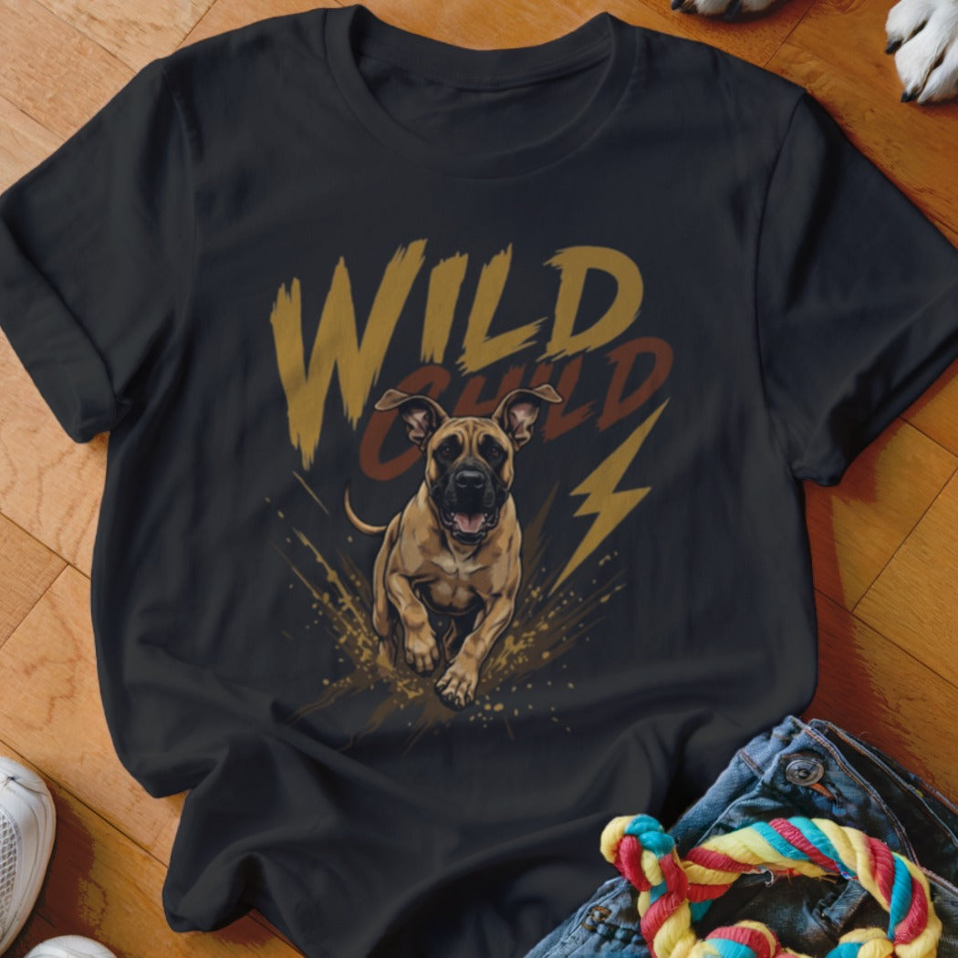 A black t-shirt features a graphic of a bounding brown puppy and the text Wild Child.