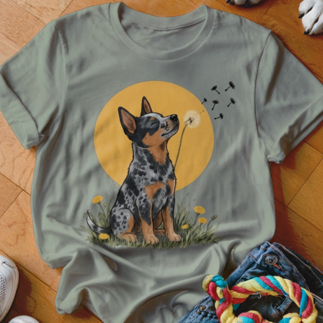 Sage green t-shirt featuring an illustration of an Australian Cattle Dog blowing dandelion seeds against a yellow circle.