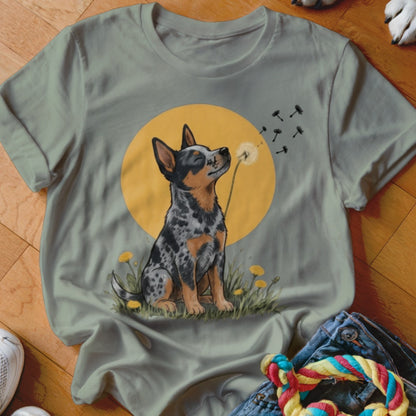 Sage green t-shirt featuring an illustration of an Australian Cattle Dog blowing dandelion seeds against a yellow circle.