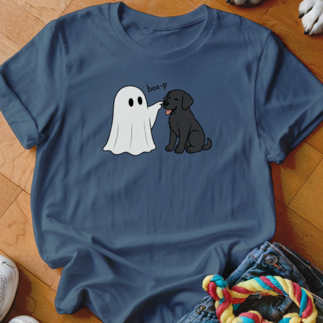 Ghost booping a black lab dog with "boo-p" text on dark blue t-shirt.