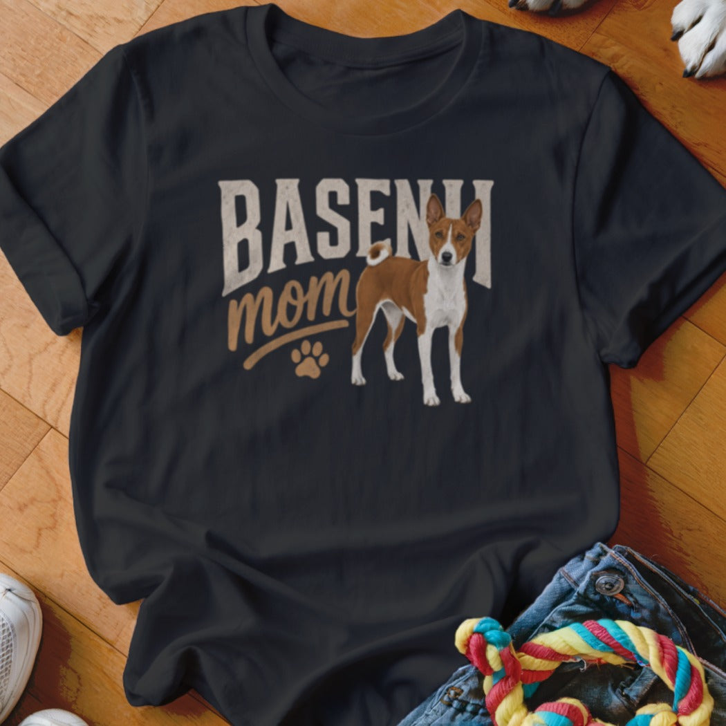 Black t-shirt with "BASENJI mom" text and a Basenji dog illustration.