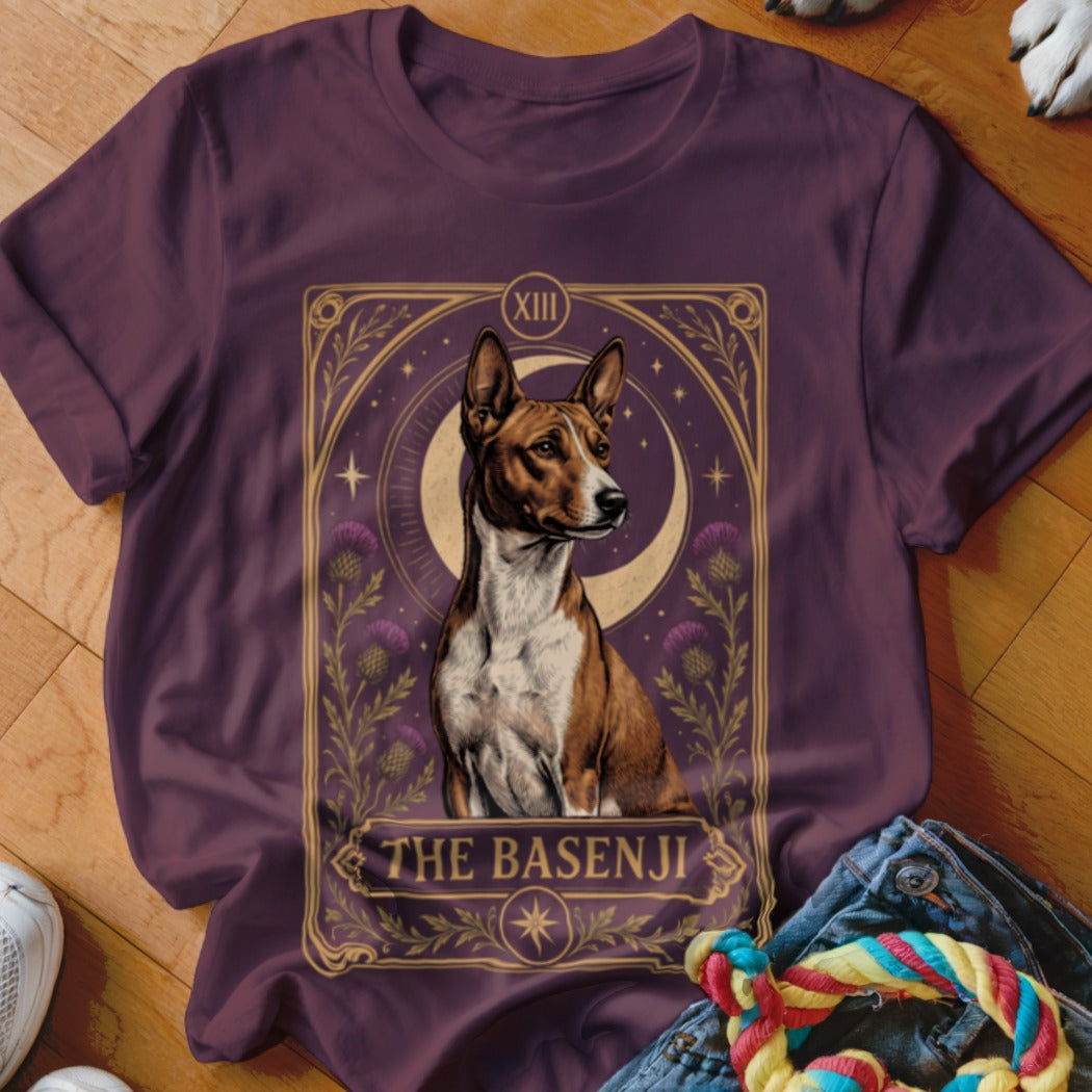 Maroon t-shirt featuring a tarot card graphic of a Basenji dog with the text The Basenji.
