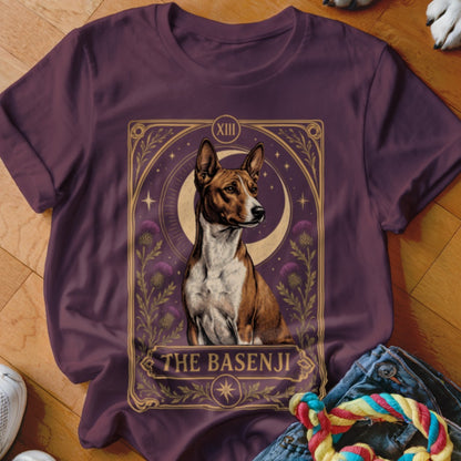 Maroon t-shirt featuring a tarot card graphic of a Basenji dog with the text The Basenji.