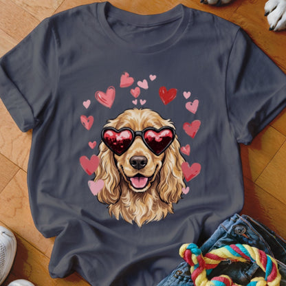 Dark gray t-shirt featuring a Golden Retriever wearing heart-shaped sunglasses surrounded by pink and red hearts.