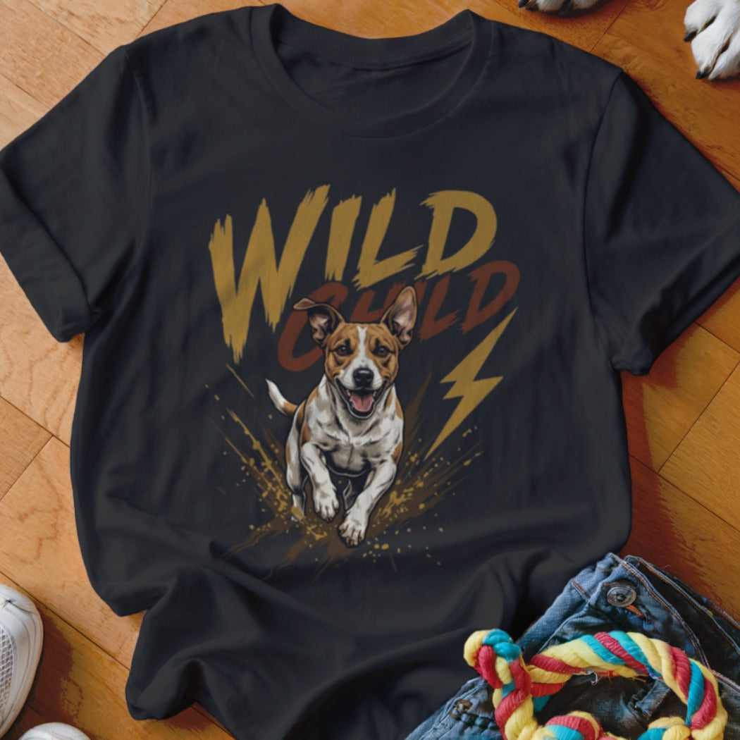 Black t-shirt featuring a graphic of a running dog and the text WILD CHILD.
