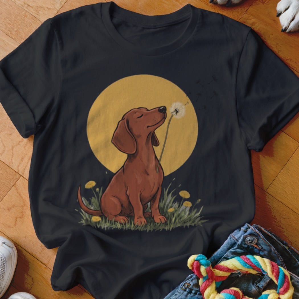Black crewneck t-shirt featuring a graphic of a brown dachshund blowing a dandelion against a yellow moon.
