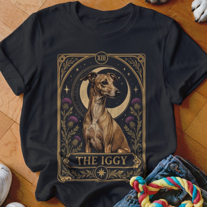 Black t-shirt featuring a tarot-style graphic of an Italian Greyhound, moon, and thistle flowers.