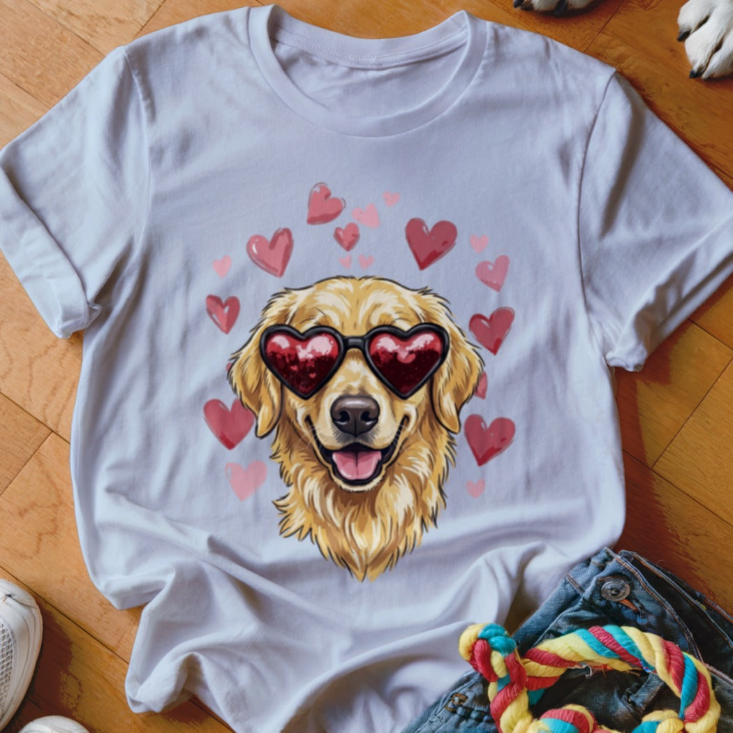 A white t-shirt featuring a Golden Retriever wearing heart-shaped sunglasses, surrounded by pink and red hearts.