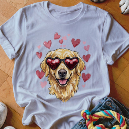 A white t-shirt featuring a Golden Retriever wearing heart-shaped sunglasses, surrounded by pink and red hearts.