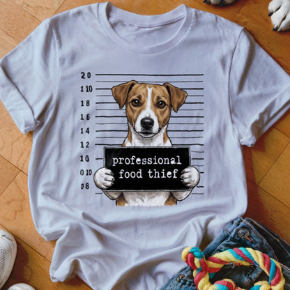 White t-shirt featuring a dog mugshot with "professional food thief" sign.