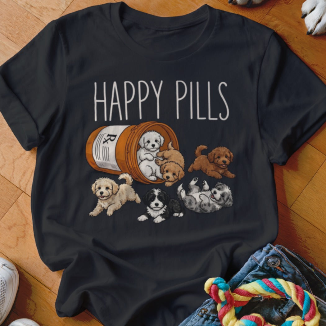 Black t-shirt with cartoon puppies spilling from a pill bottle, reading "Happy Pills".