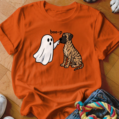 Orange t-shirt with a cartoon ghost booping a brindle dog with text "boo-p".
