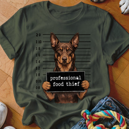 Brown dog with "professional food thief" sign against a mugshot background.