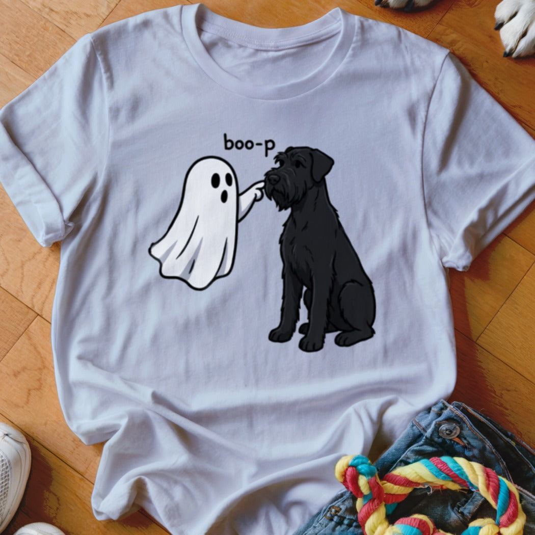 White t-shirt with cartoon of ghost booping black dog, text "boo-p".
