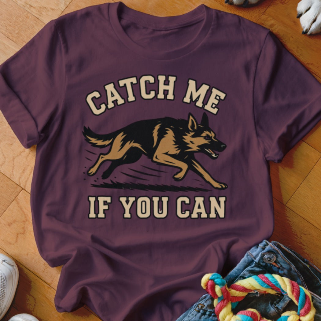 German Shepherd running in silhouette with text "CATCH ME IF YOU CAN".