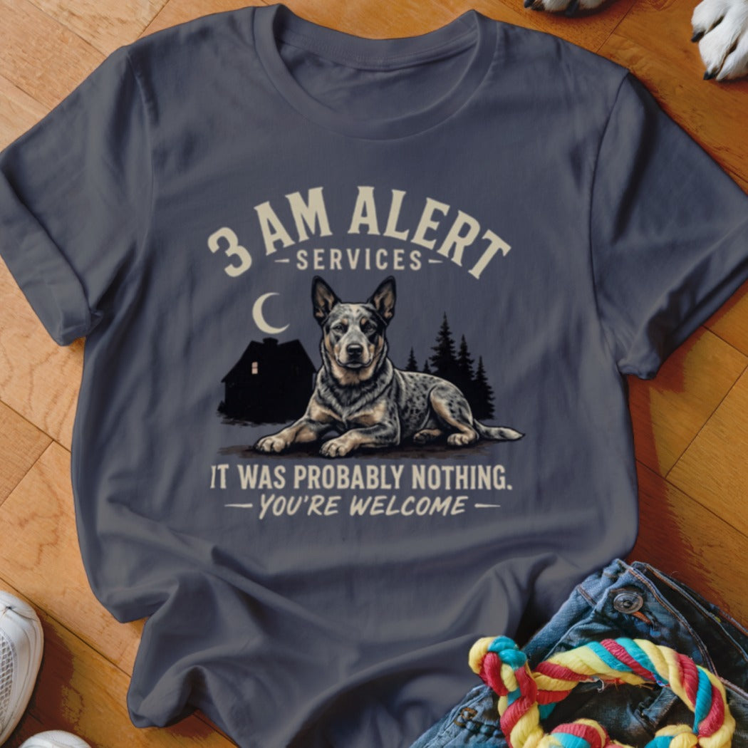 Dark blue t-shirt with a dog graphic and text "3 AM ALERT SERVICES - IT WAS PROBABLY NOTHING - YOU'RE WELCOME".