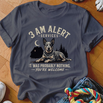 Dark blue t-shirt with a dog graphic and text "3 AM ALERT SERVICES - IT WAS PROBABLY NOTHING - YOU'RE WELCOME".
