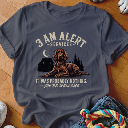 T-shirt graphic with Irish Setter, house, moon, trees, and text.