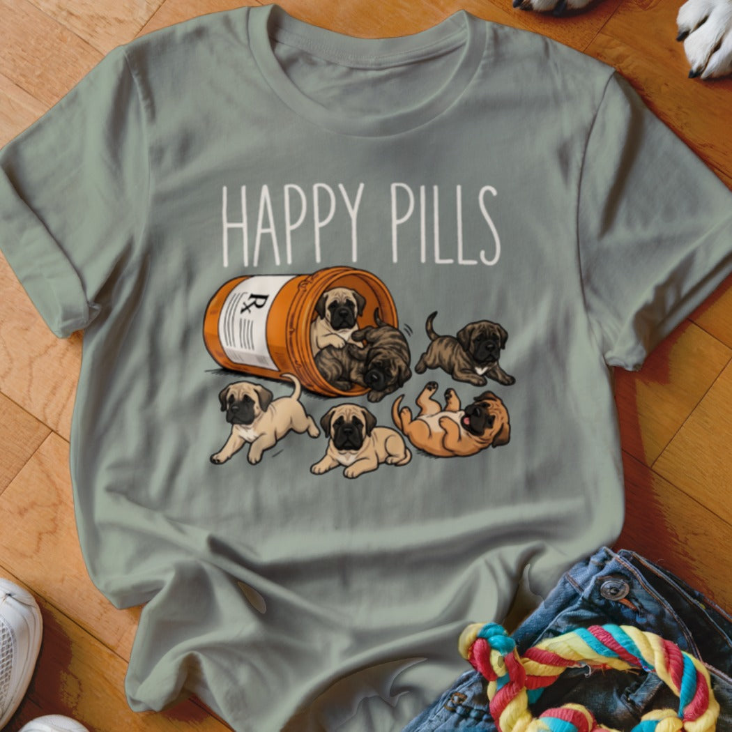 A prescription bottle spills out puppies with text "HAPPY PILLS."