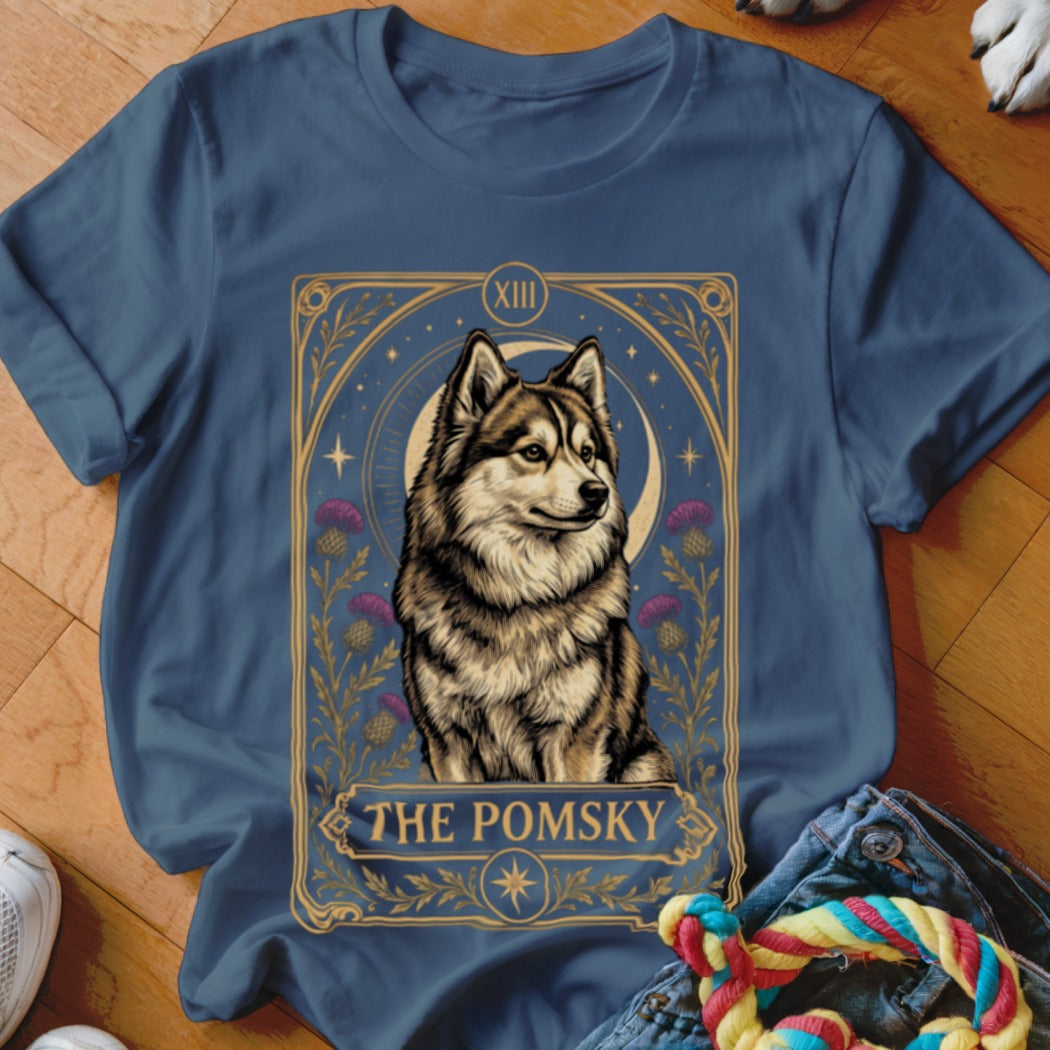 Dark blue t-shirt featuring a tarot card style graphic of a fluffy pomsky dog, with the text THE POMSKY.