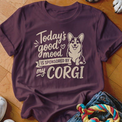 Burgundy t-shirt with "Today's good mood is sponsored by my CORGI" and corgi graphic.