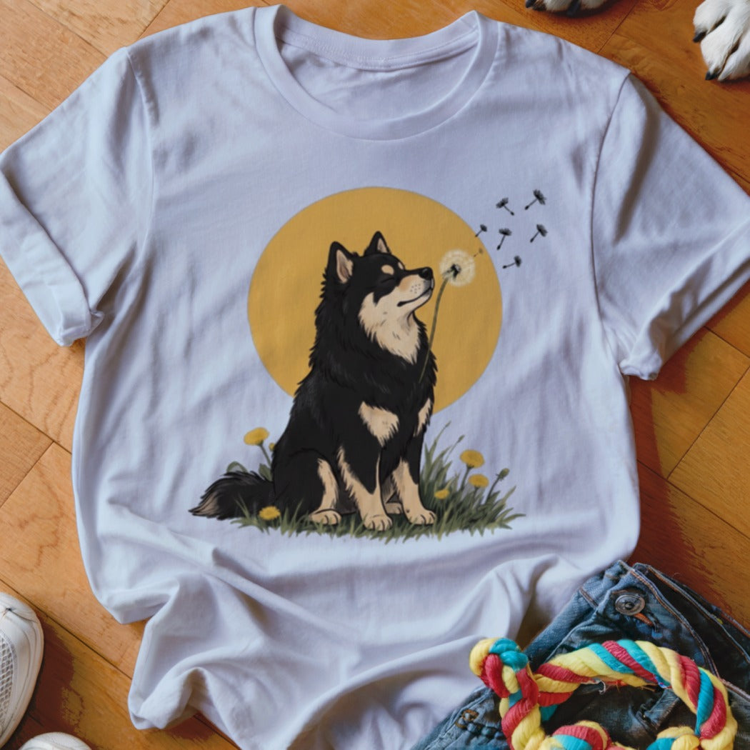 White t-shirt featuring an illustrated black and tan dog blowing a dandelion seed head.