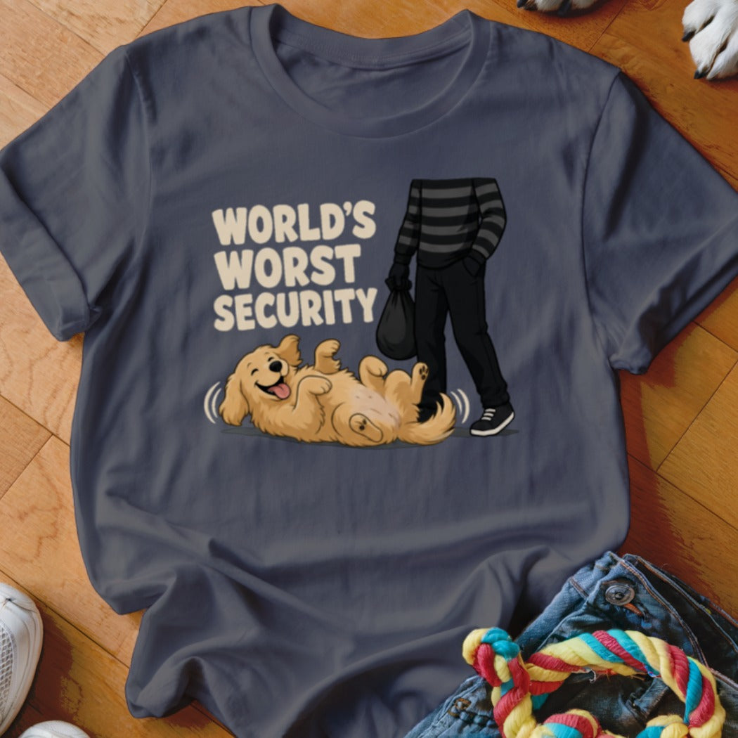 A charcoal t-shirt featuring a graphic of a smiling dog rolling on its back next to a burglar.