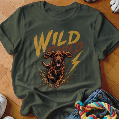 Dark green t-shirt featuring a graphic of a running dog, mud splatters, and the text Wild Child.