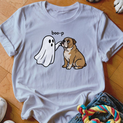 White t-shirt with a ghost saying "boo-p" to a bulldog.